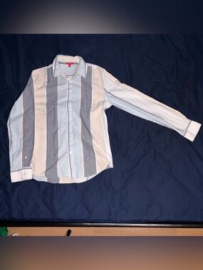 Guess Men’s Button-Down Shirt in Light Blue, White & Gray Stripe